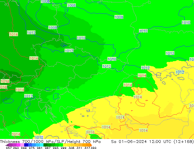 Thck 700-1000 hPa UK-Global sam 01.06.2024 12 UTC