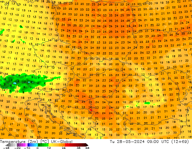 Temperatura (2m) UK-Global mar 28.05.2024 09 UTC