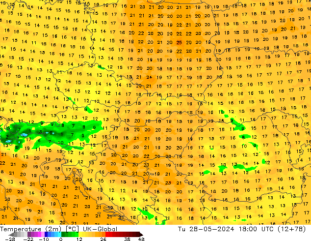 Sıcaklık Haritası (2m) UK-Global Sa 28.05.2024 18 UTC