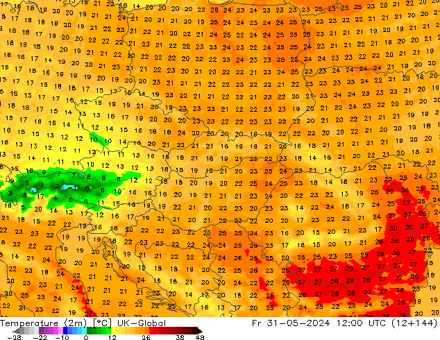 Temperatura (2m) UK-Global ven 31.05.2024 12 UTC