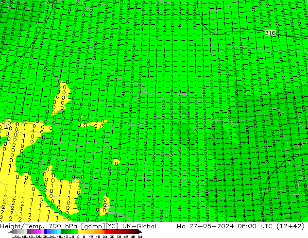 Height/Temp. 700 гПа UK-Global пн 27.05.2024 06 UTC