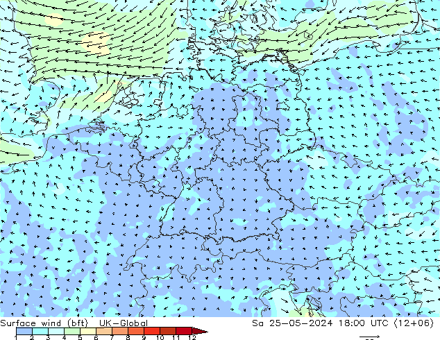 Surface wind (bft) UK-Global Sa 25.05.2024 18 UTC