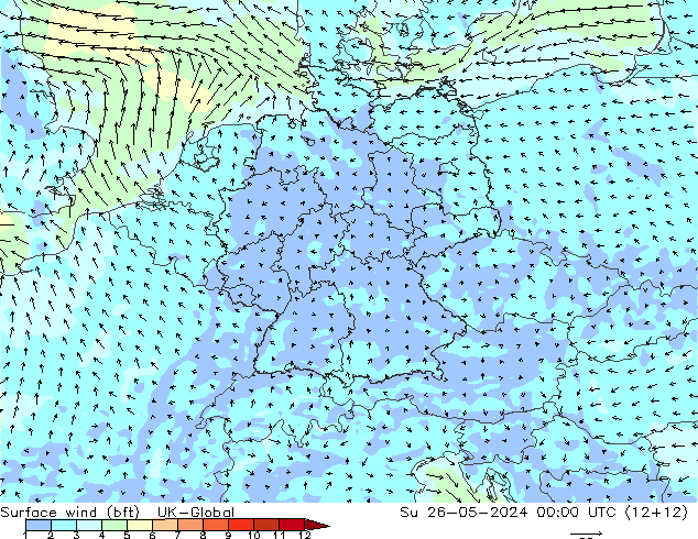 Wind 10 m (bft) UK-Global zo 26.05.2024 00 UTC