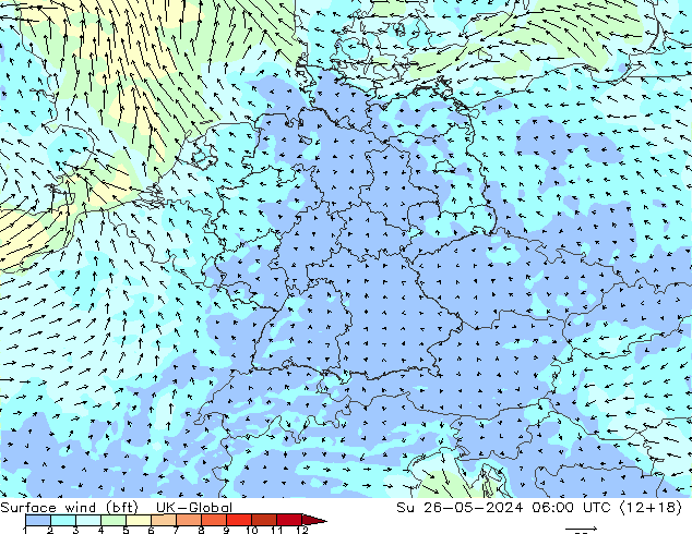 wiatr 10 m (bft) UK-Global nie. 26.05.2024 06 UTC