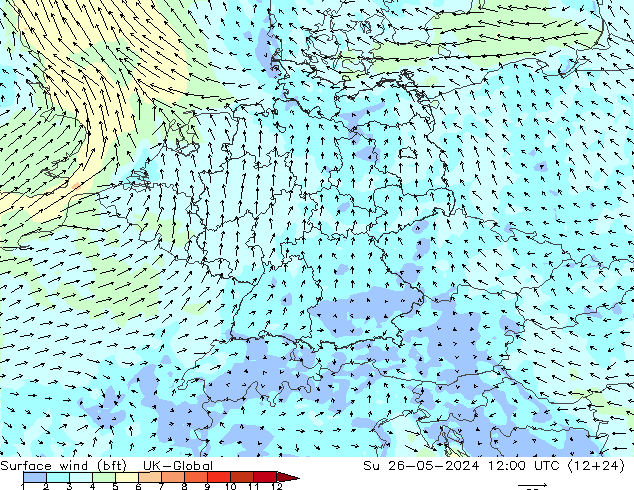 Vent 10 m (bft) UK-Global dim 26.05.2024 12 UTC