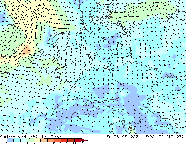 Surface wind (bft) UK-Global Su 26.05.2024 15 UTC