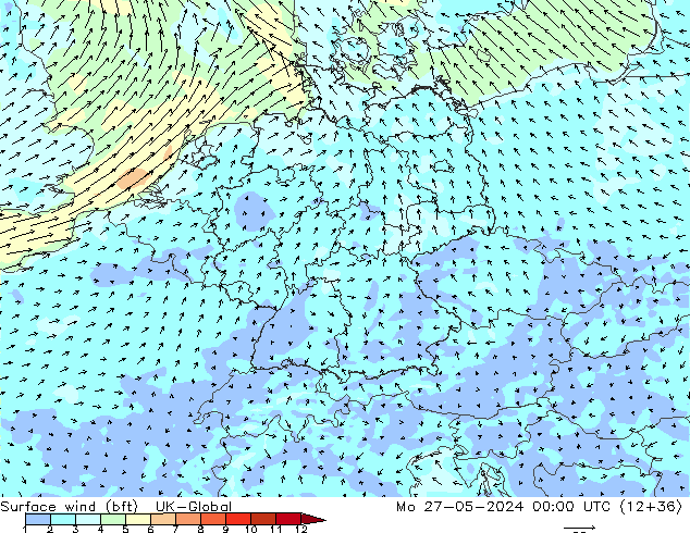 Surface wind (bft) UK-Global Mo 27.05.2024 00 UTC