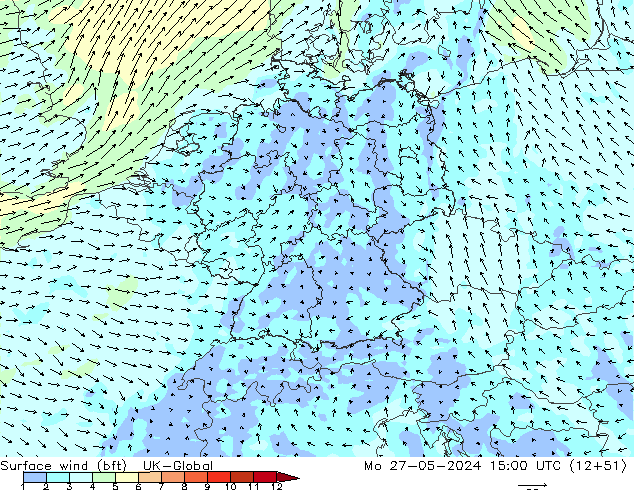 Viento 10 m (bft) UK-Global lun 27.05.2024 15 UTC