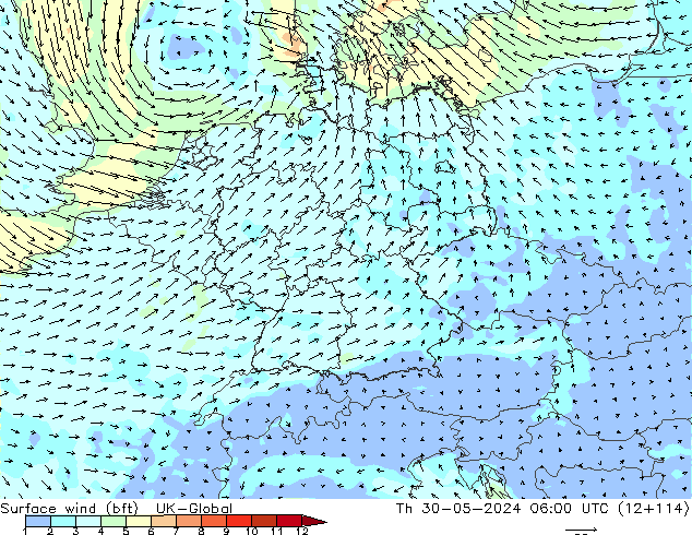 Wind 10 m (bft) UK-Global do 30.05.2024 06 UTC