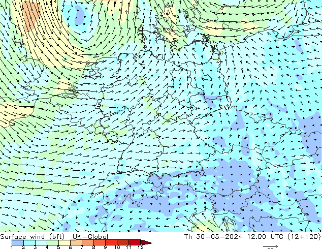 Surface wind (bft) UK-Global Čt 30.05.2024 12 UTC