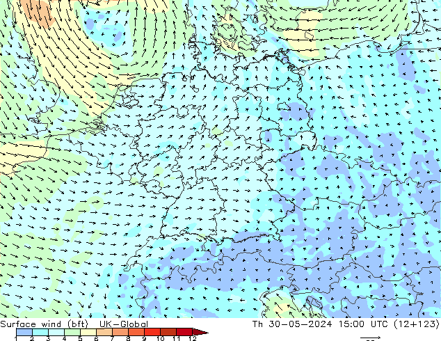 Vento 10 m (bft) UK-Global Qui 30.05.2024 15 UTC