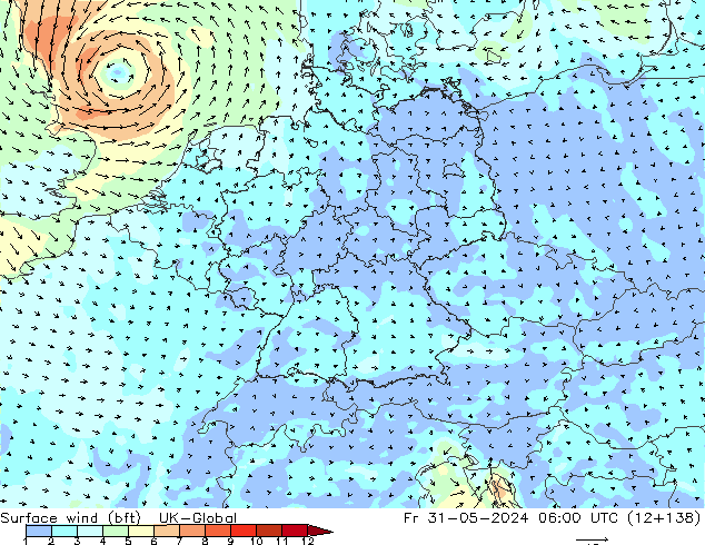 Wind 10 m (bft) UK-Global vr 31.05.2024 06 UTC