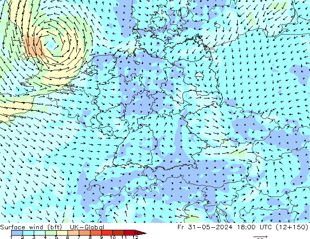 Vento 10 m (bft) UK-Global ven 31.05.2024 18 UTC