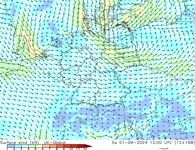 Surface wind (bft) UK-Global Sa 01.06.2024 12 UTC