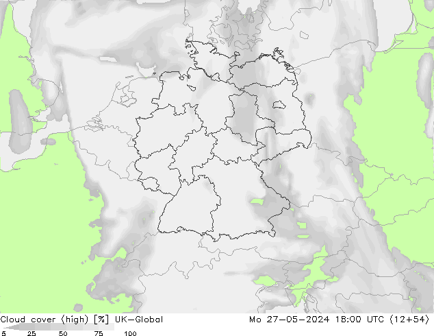 Cloud cover (high) UK-Global Mo 27.05.2024 18 UTC