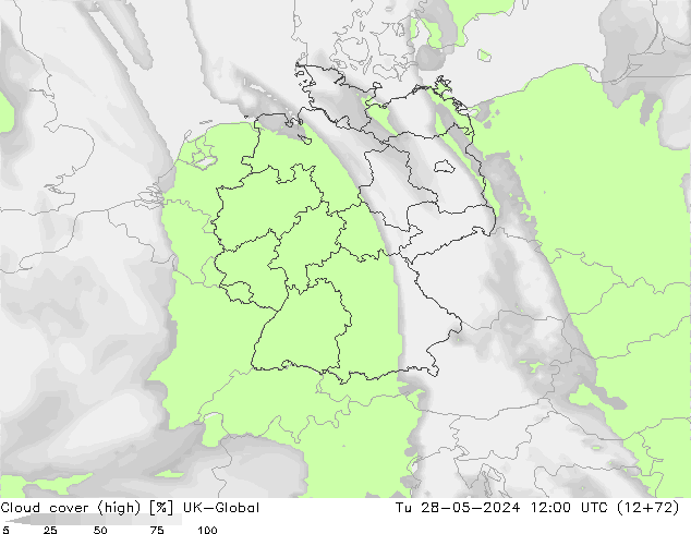 Cloud cover (high) UK-Global Tu 28.05.2024 12 UTC