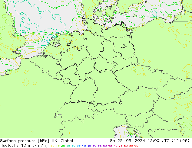 Isotachs (kph) UK-Global sab 25.05.2024 18 UTC