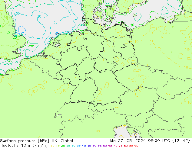 Isotachs (kph) UK-Global Mo 27.05.2024 06 UTC