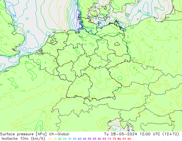 Isotachs (kph) UK-Global Tu 28.05.2024 12 UTC