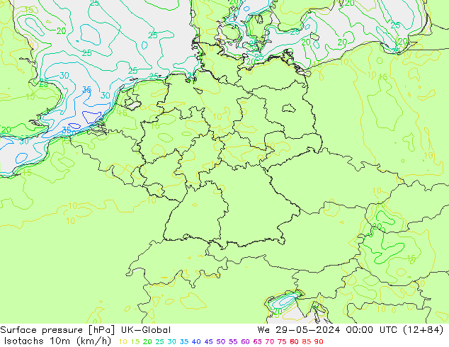 Isotachen (km/h) UK-Global wo 29.05.2024 00 UTC