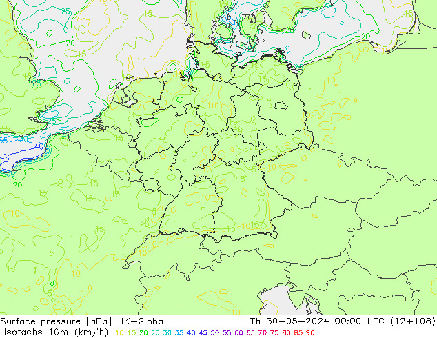 Isotachs (kph) UK-Global Th 30.05.2024 00 UTC