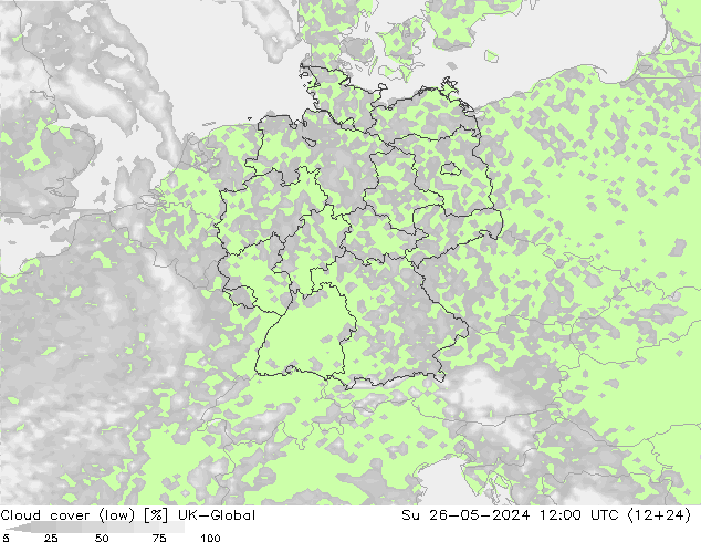 Cloud cover (low) UK-Global Su 26.05.2024 12 UTC