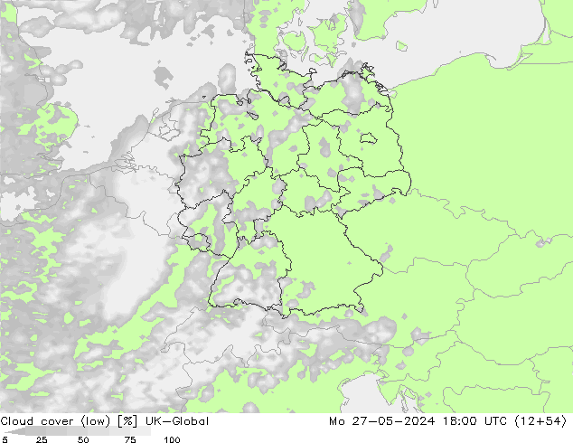 Cloud cover (low) UK-Global Mo 27.05.2024 18 UTC
