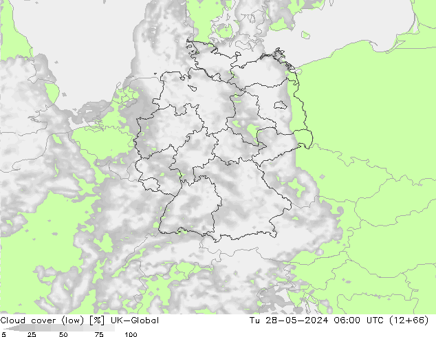 Cloud cover (low) UK-Global Tu 28.05.2024 06 UTC