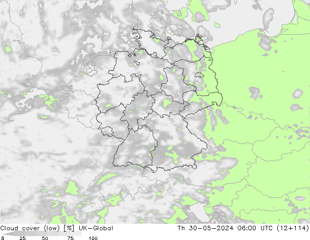 Cloud cover (low) UK-Global Th 30.05.2024 06 UTC