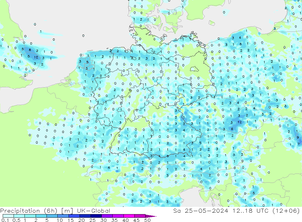 降水量 (6h) UK-Global 星期六 25.05.2024 18 UTC