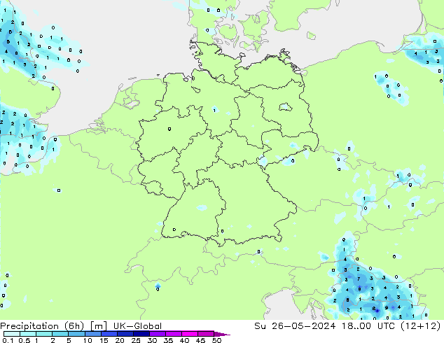 Precipitation (6h) UK-Global Su 26.05.2024 00 UTC