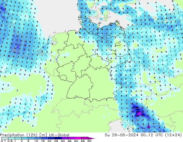 Precipitation (12h) UK-Global Su 26.05.2024 12 UTC