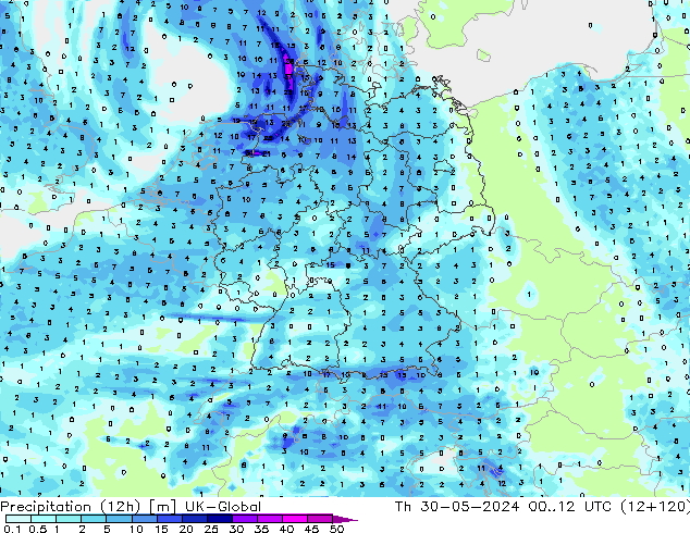 Precipitazione (12h) UK-Global gio 30.05.2024 12 UTC
