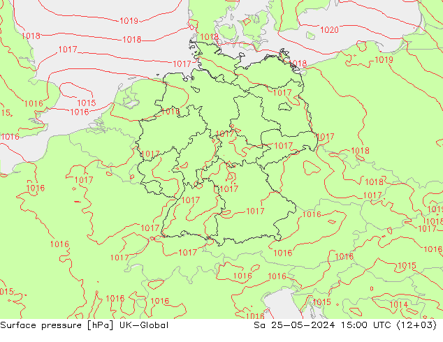 Pressione al suolo UK-Global sab 25.05.2024 15 UTC