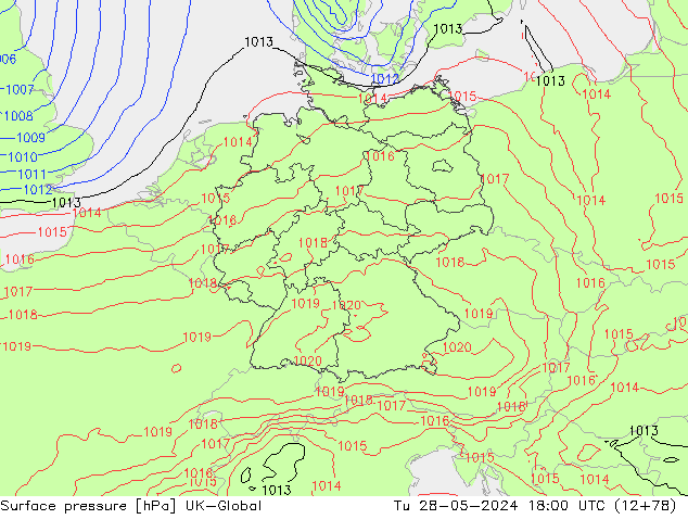 Surface pressure UK-Global Tu 28.05.2024 18 UTC