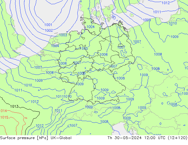 Surface pressure UK-Global Th 30.05.2024 12 UTC