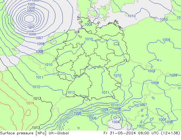 Pressione al suolo UK-Global ven 31.05.2024 06 UTC