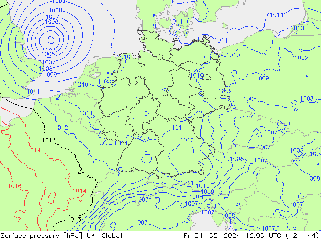 Pressione al suolo UK-Global ven 31.05.2024 12 UTC