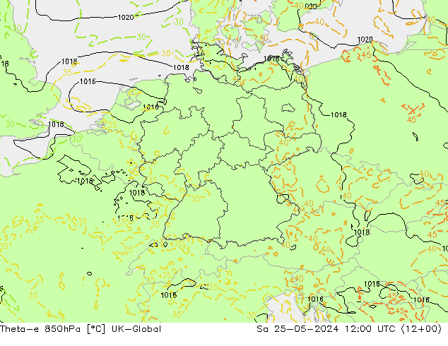 Theta-e 850hPa UK-Global Sa 25.05.2024 12 UTC
