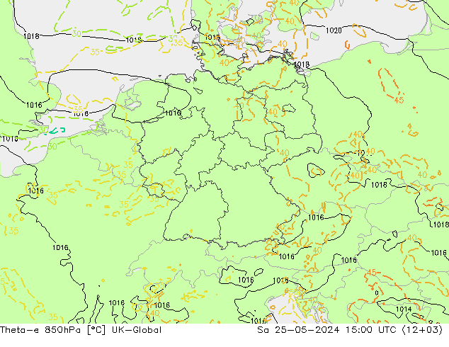 Theta-e 850hPa UK-Global sam 25.05.2024 15 UTC