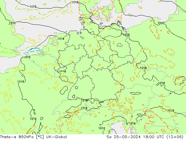 Theta-e 850гПа UK-Global сб 25.05.2024 18 UTC