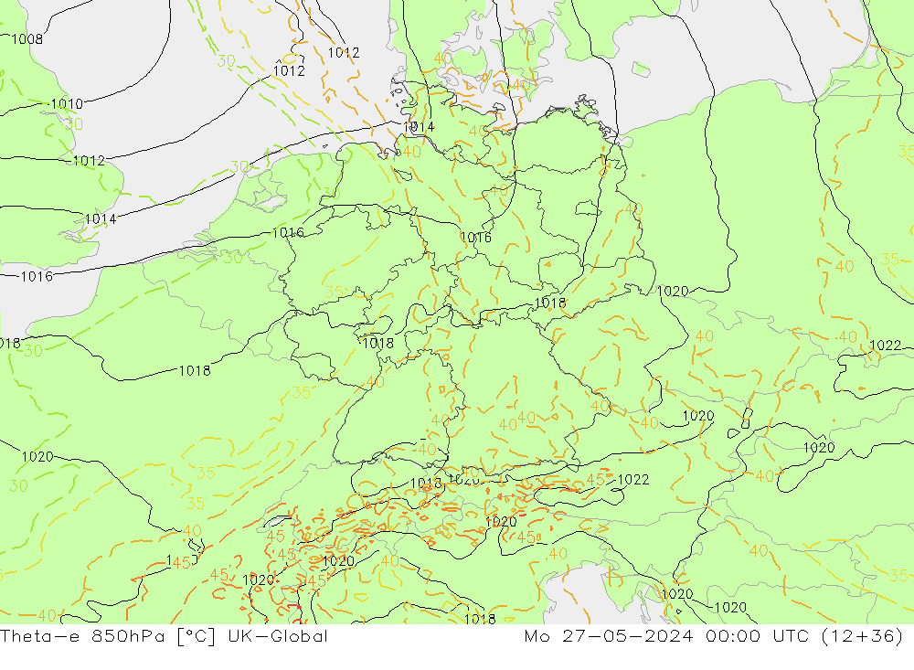 Theta-e 850hPa UK-Global Mo 27.05.2024 00 UTC