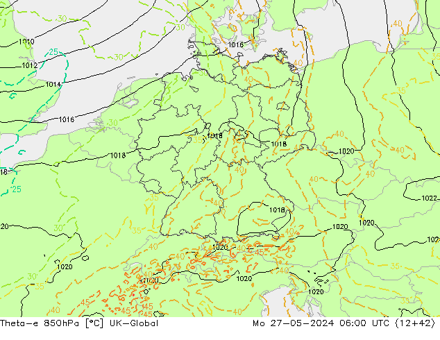 Theta-e 850hPa UK-Global Po 27.05.2024 06 UTC