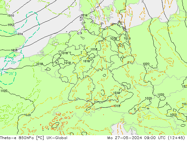 Theta-e 850hPa UK-Global Pzt 27.05.2024 09 UTC