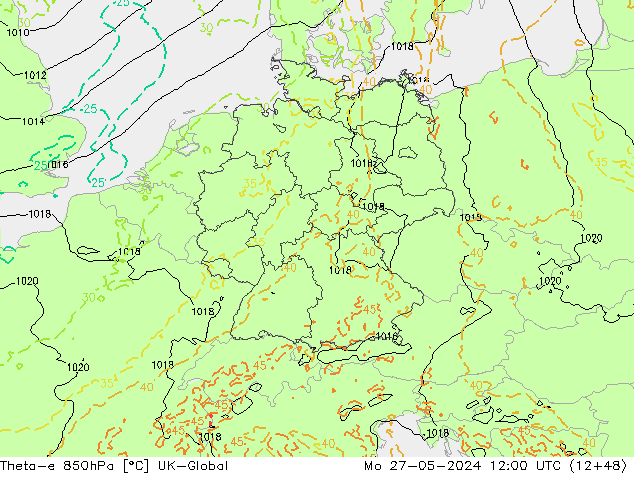 Theta-e 850hPa UK-Global Mo 27.05.2024 12 UTC