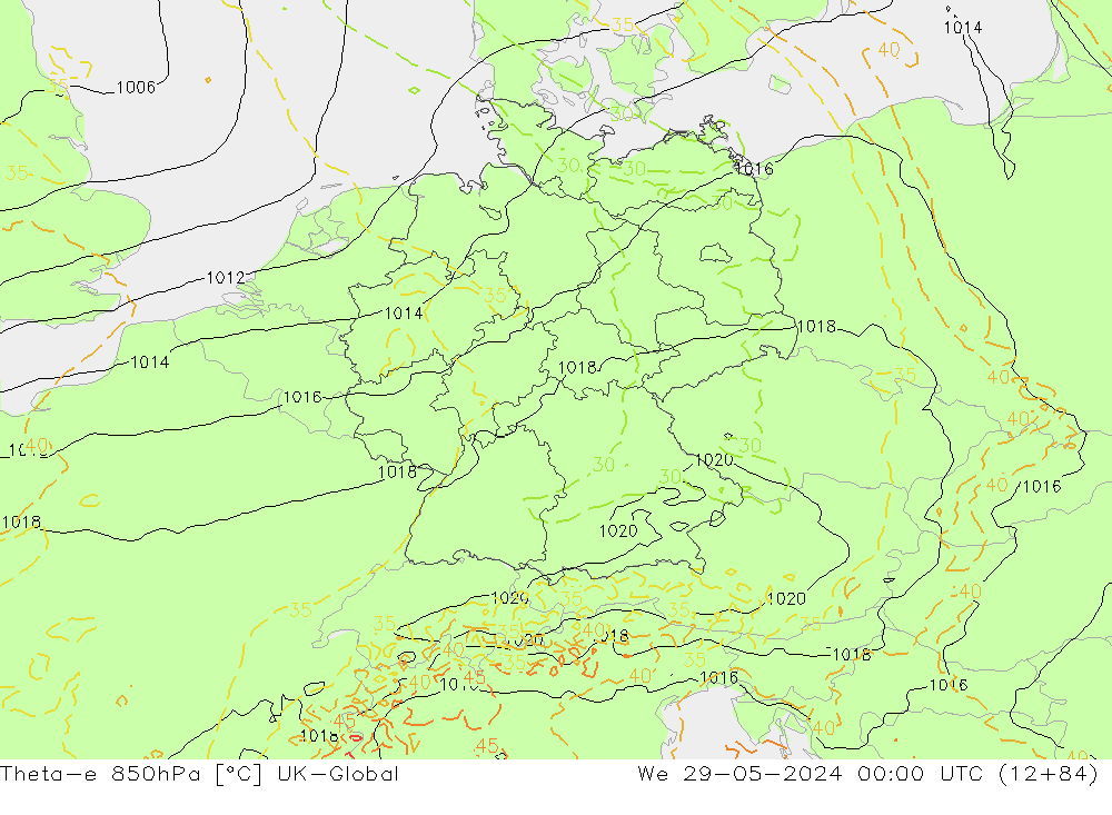 Theta-e 850hPa UK-Global Qua 29.05.2024 00 UTC