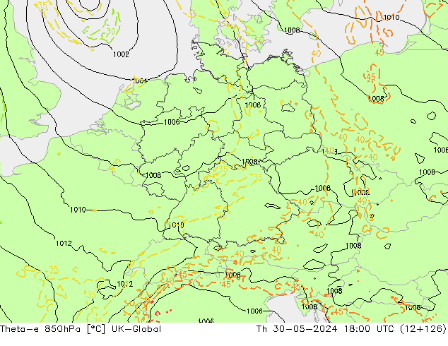 Theta-e 850hPa UK-Global Th 30.05.2024 18 UTC