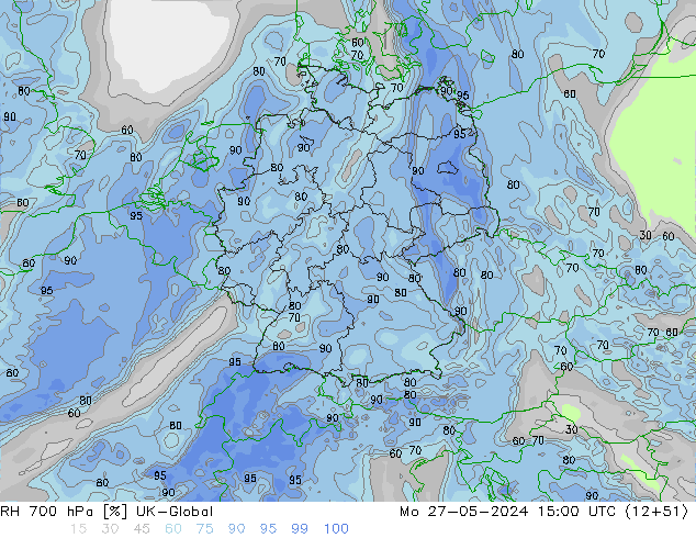 Humidité rel. 700 hPa UK-Global lun 27.05.2024 15 UTC
