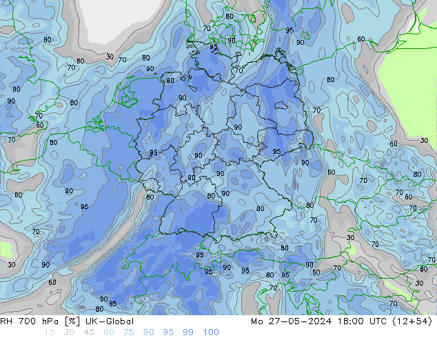 Humedad rel. 700hPa UK-Global lun 27.05.2024 18 UTC