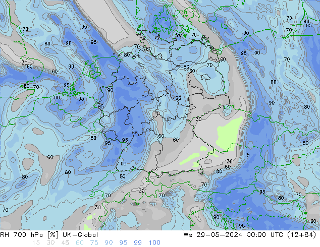 Humedad rel. 700hPa UK-Global mié 29.05.2024 00 UTC